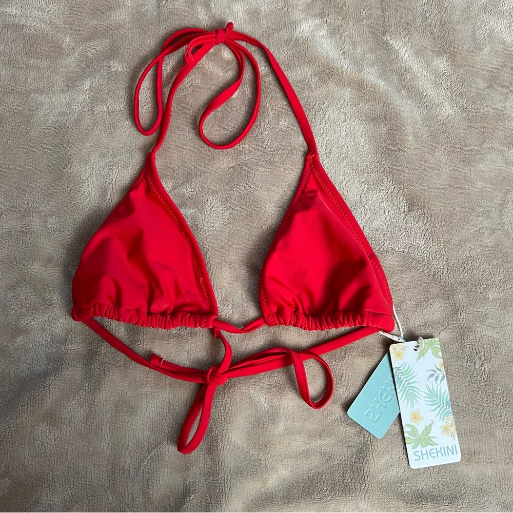 SHEKINI Classic Red Strappy Triangle Bikini Top - Size XS | Vacay Swimwear